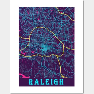 Raleigh Neon City Map, Raleigh Minimalist City Map Art Print Posters and Art